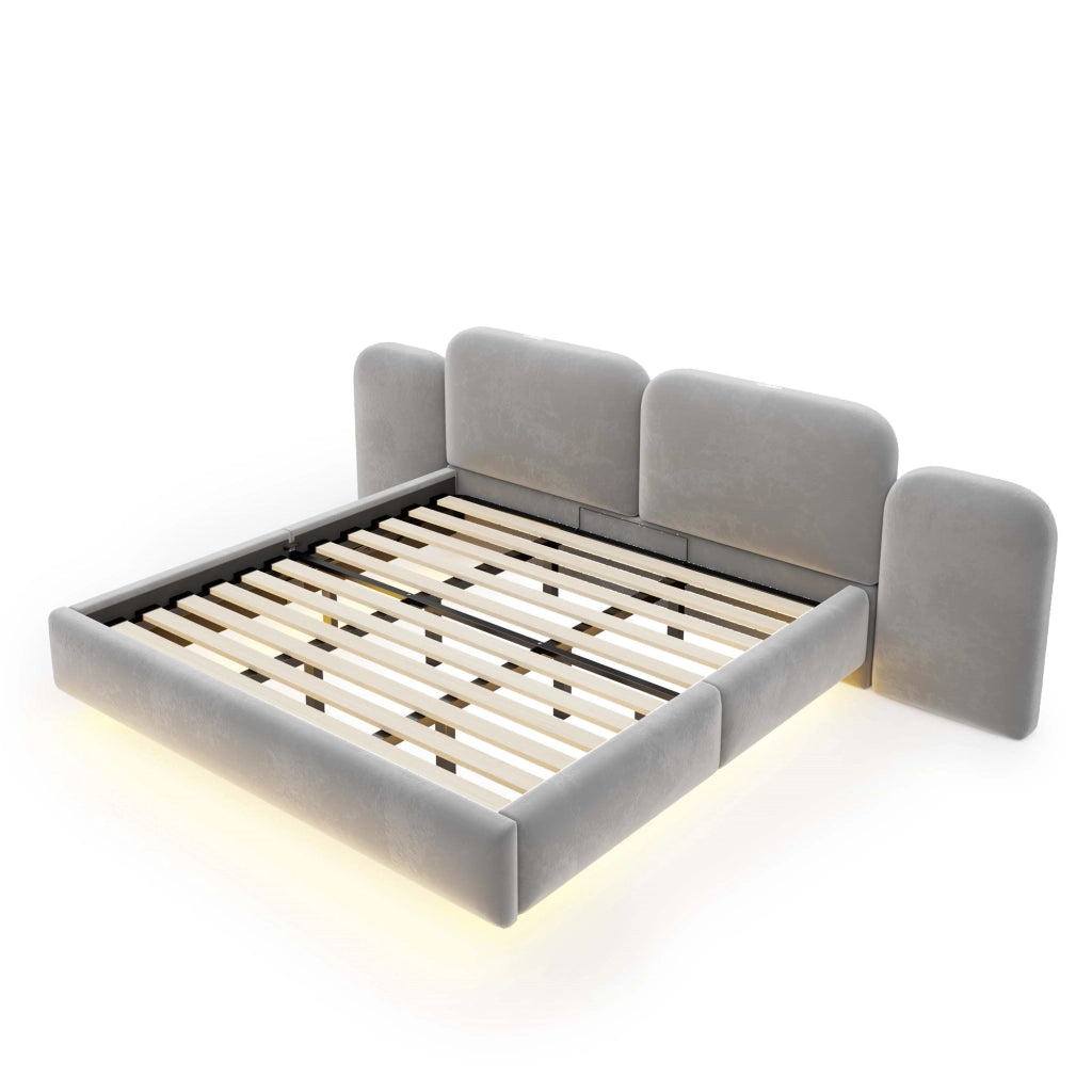 Letto imbottito 180x200 con contenitore idraulico e LED RGB; velluto grigio