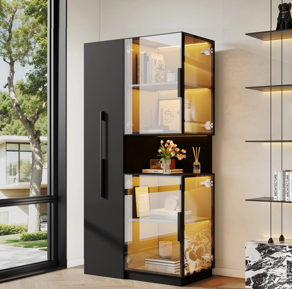 Vetrina alta 70x38x160 cm con vetro temperato; ripiani estraibili e LED multicolore; nera