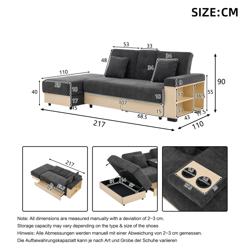 Divano letto grigio in chenille con contenitore e schienale regolabile
