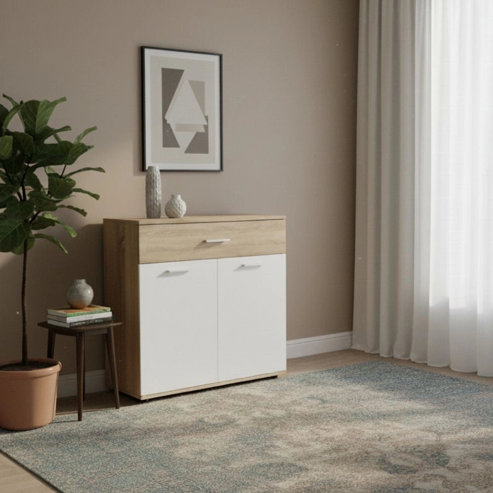 Mobile multiuso Irys con 2 ante e 1 cassetto colore bianco e rovere 80x35x84H