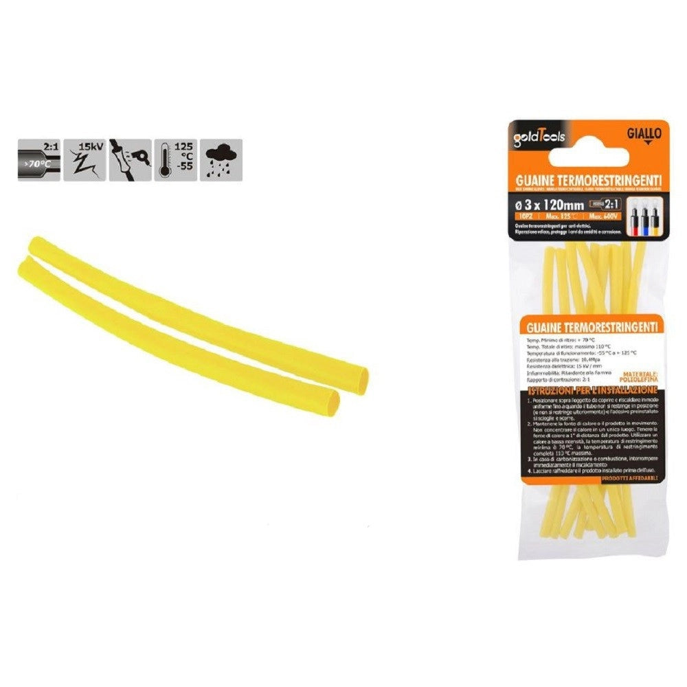 Trade Shop - Set 10 Pz Guaine Termorestringenti Termoretrattili Gialle 3x120mm Per Cavi 57087 -