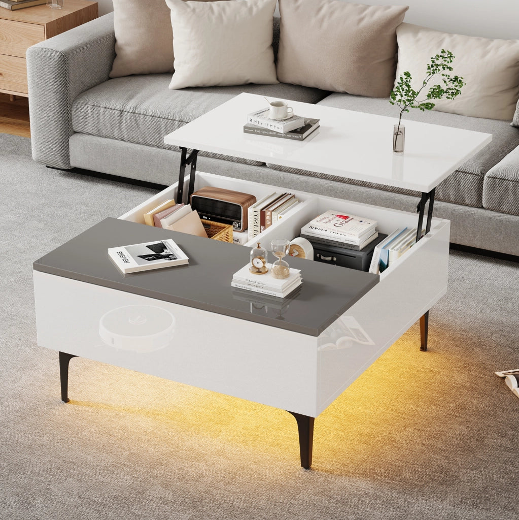 Tavolino 70x70x35 cm bianco e grigio, piano sollevabile con contenitore e LED, MDF,
