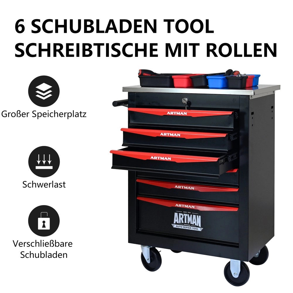 Carrello Portautensili con 6 Cassetti e Ruote ¨C MINIMAL ¨C Metallo, Piano in Acciaio, Nero e Rosso