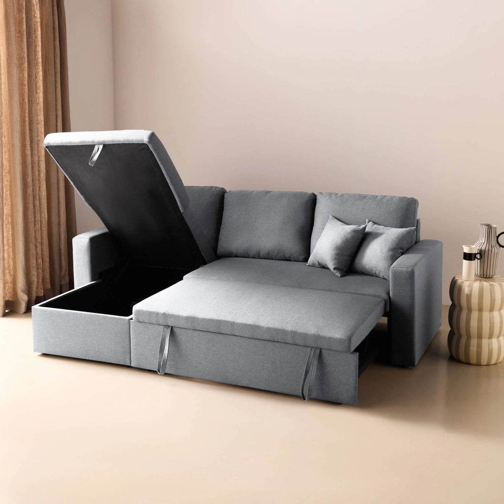 Divano letto angolare reversibile con contenitore, 3 posti, grigio