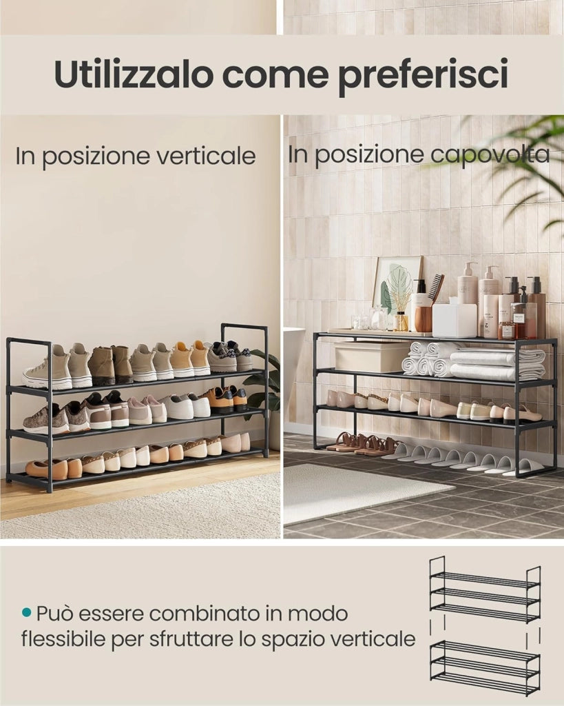 Scarpiera a 3 Ripiani, Scaffale Portascarpe in Metallo, per 20-24 Paia di Scarpe, Verticale o Capovolto, Impilabile, Ingresso, 30 x 117 x 55 cm, Nero LSA033B01