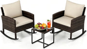 Salotto da Esterno 3 Pezzi in Rattan, Set Mobili da Giardino con 2 Poltrone a Dondolo, Tavolino da Caffè in Vetro Temperato e Comodi Cuscini con Fodera Lavabile, per Balcone, Cortile (Beige)