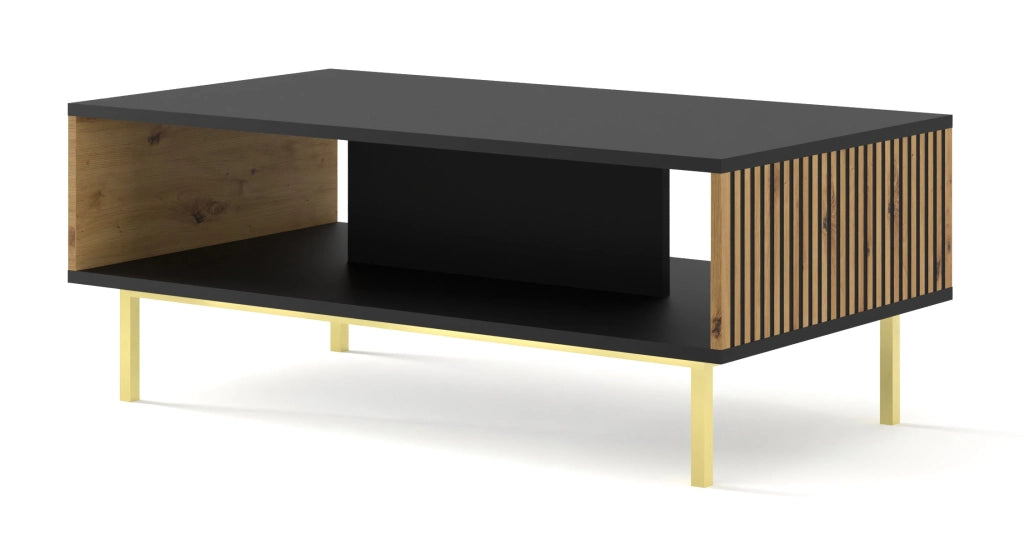 TAVOLINO DA CAFFÈ RAVENNA F IN MDF VERNICIATO 90x60x45 NERO OPACO ROVERE ARTIGIANALE STRUTTURA ORO