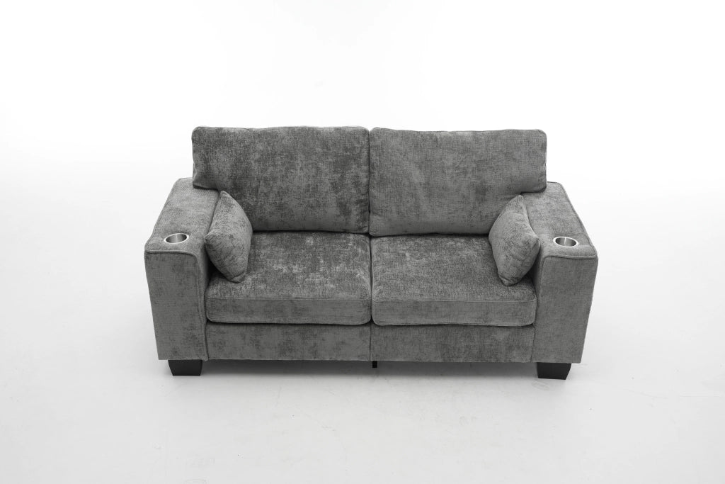 Divano a 2 posti con portabicchieri e tasche laterali in tessuto chenille grigio scuro per soggiorno 182 cm