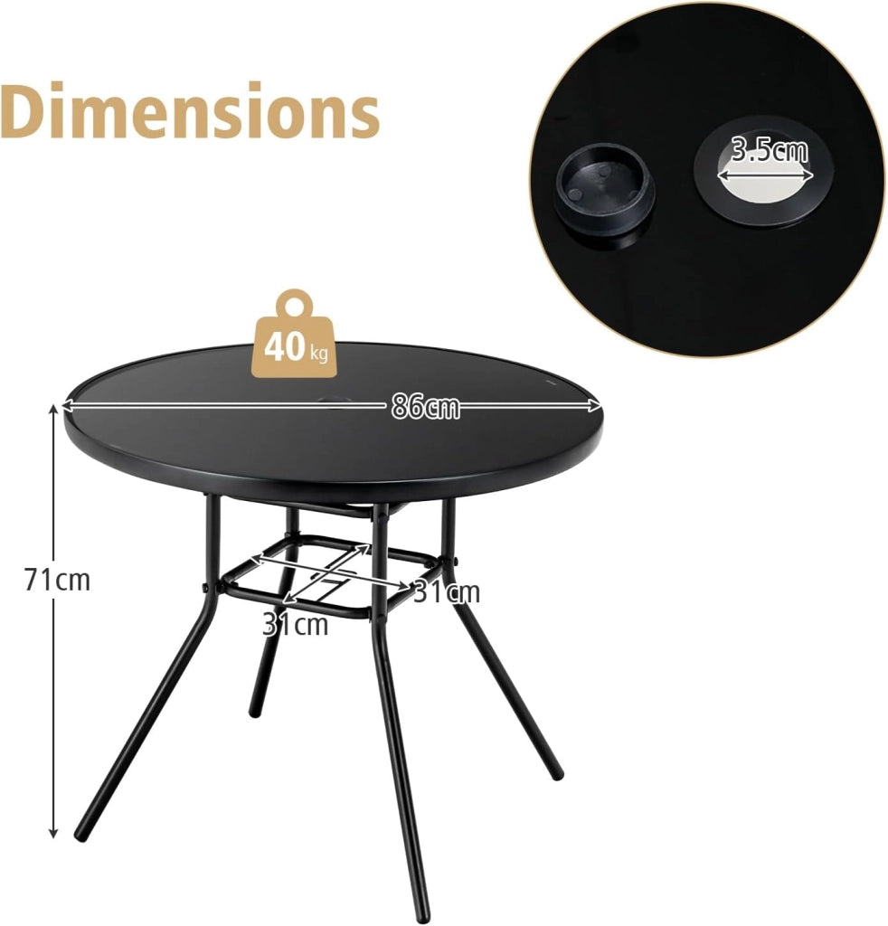 Tavolo da giardino con foro per ombrellone, tavolino rotondo in vetro temperato, tavolo da bistrot con robusto telaio in metallo, tavolo da pranzo per giardino, balcone, 86 x 86 x 71 cm