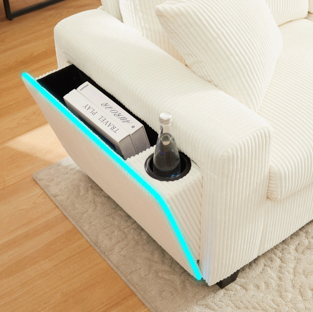 Divano a U in velluto a coste con 2 pouf contenitore; LED; USB e Type-C; beige 334x128;5x81 cm