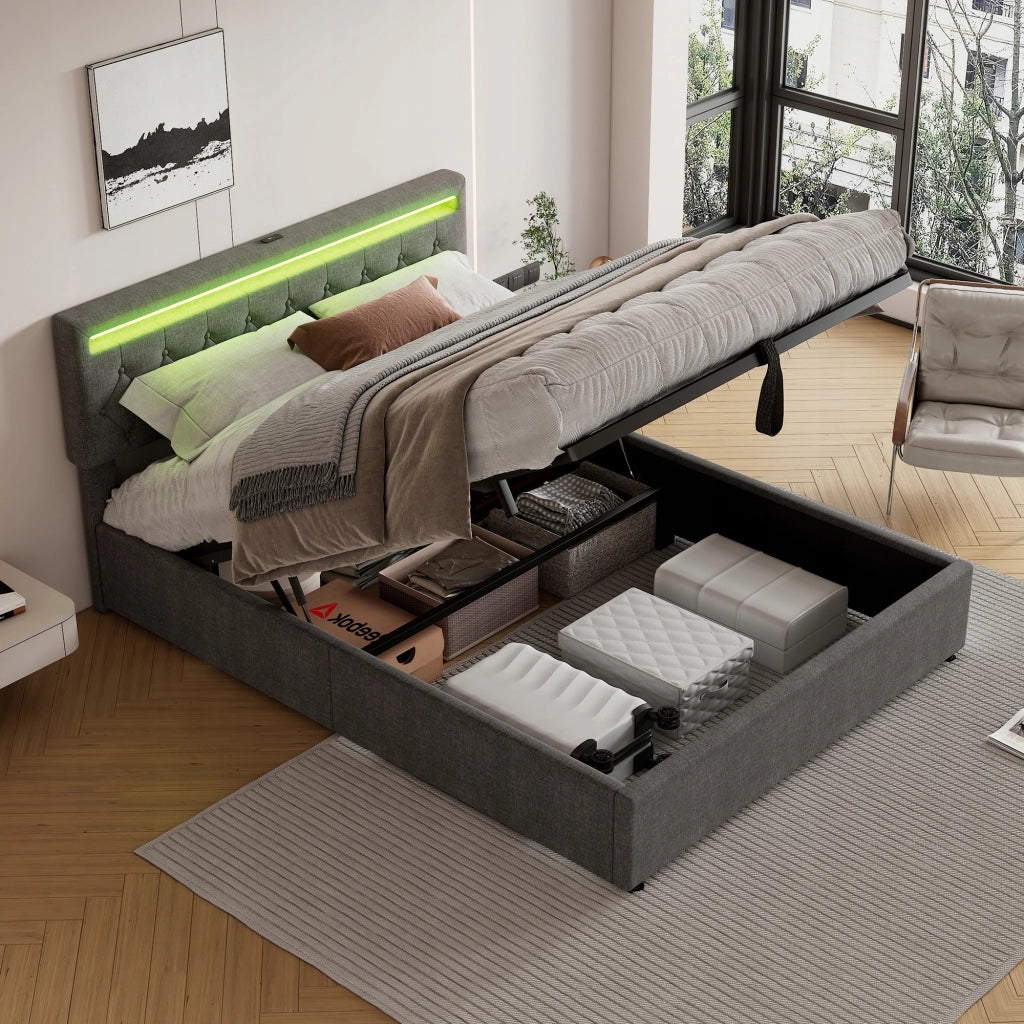 Letto imbottito 160x200 grigio con illuminazione e USB - Xylo