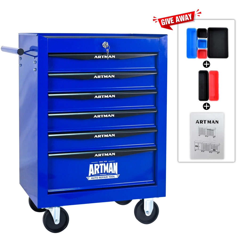 Carrello portautensili con 6 cassetti e serratura, in acciaio su ruote, per officina e garage, nero e blu