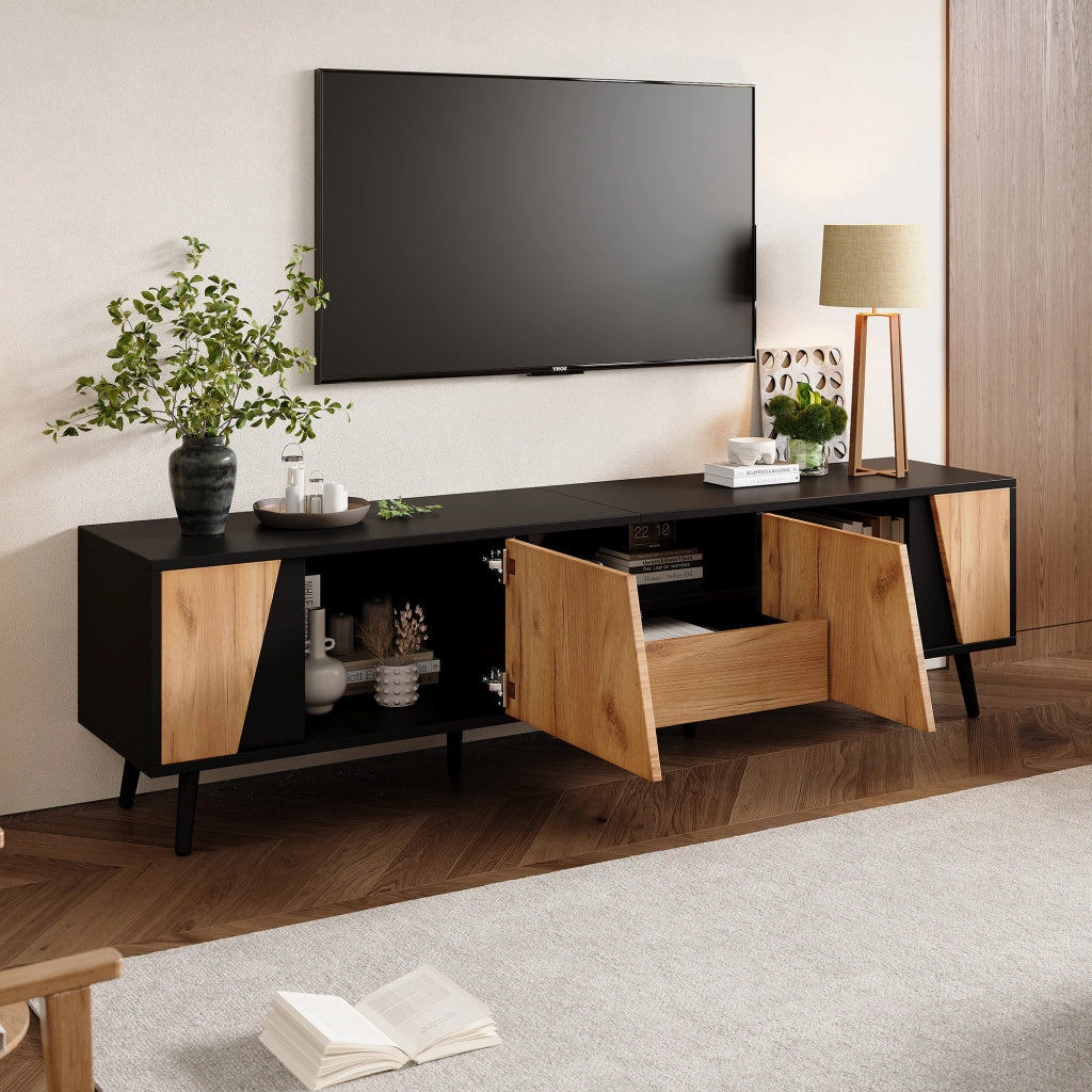 OKWISH Mobile TV con 2 Ante, 1 Cassetto e 1 Vano Aperto, per Soggiorno, 180 x 40 x 46 cm, Nero e Naturale