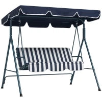 Dondolo da Giardino 3 Posti con Tetto Parasole, in Acciaio e Poliestere, 172x110x153 cm, Bianco e Blu