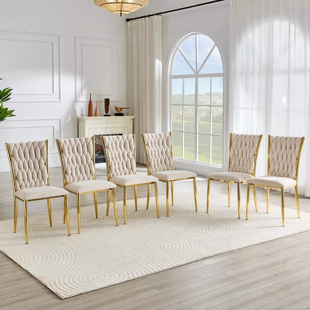 Sedia da pranzo imbottita in velluto beige con gambe in metallo oro