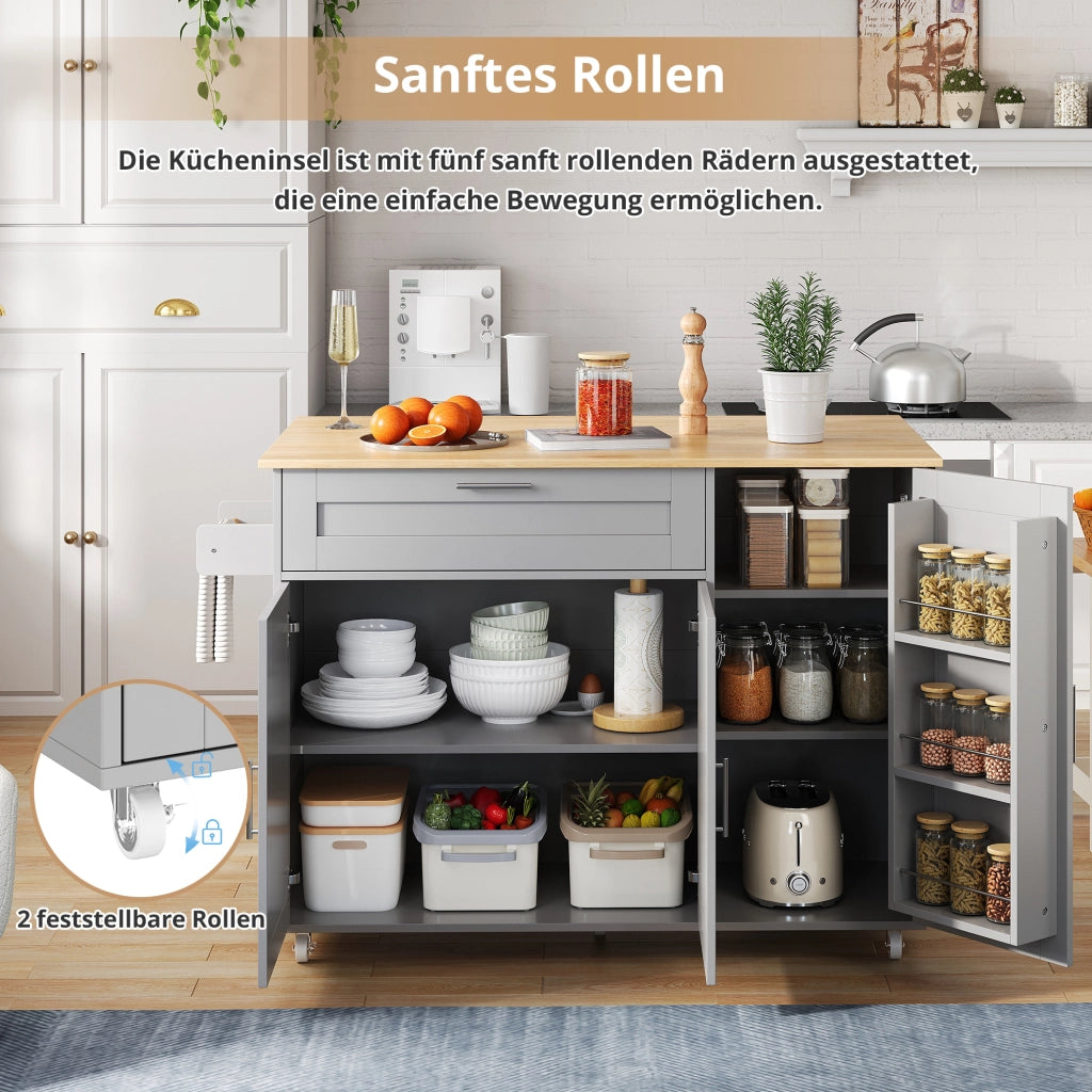 Carrello cucina mobile grigio con piano pieghevole e 5 ruote
