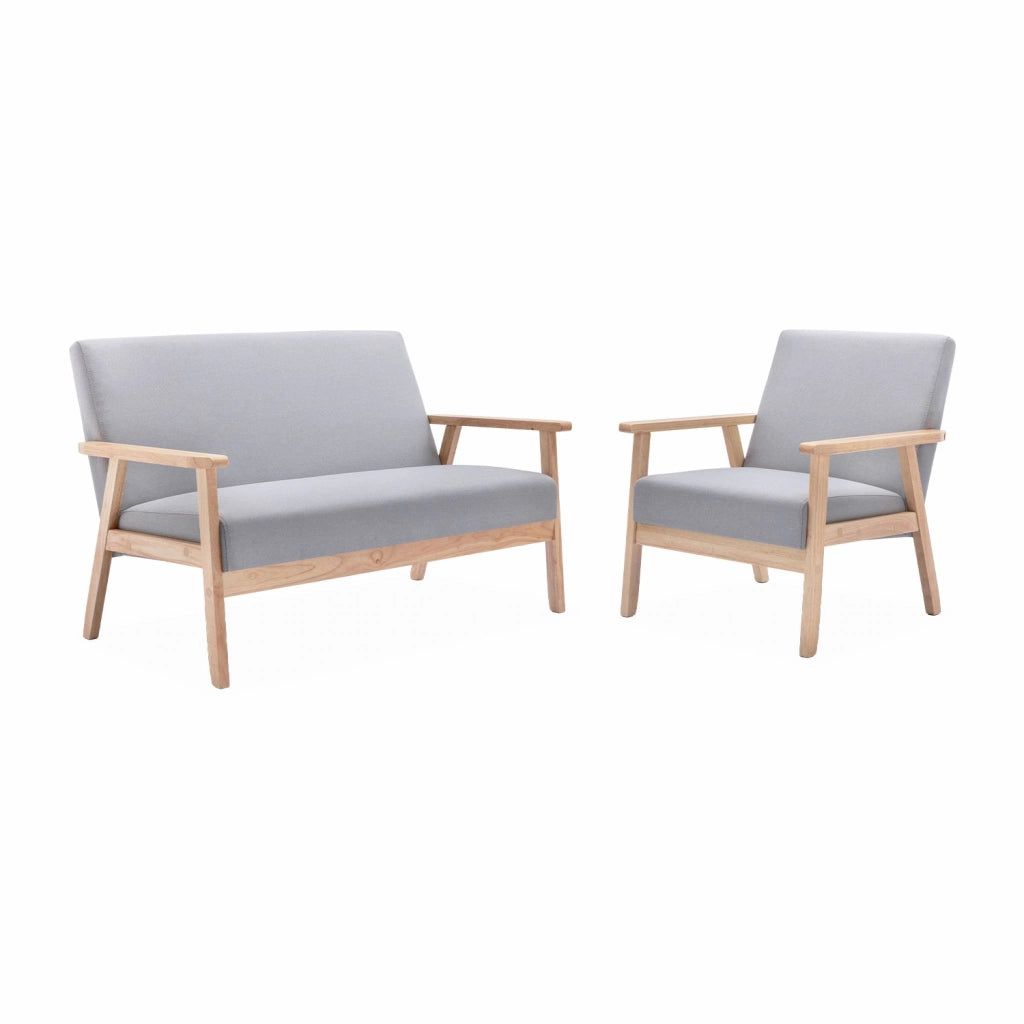 Set panca e poltrona in legno e tessuto, 3 posti, grigio chiaro