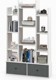 Libreria in Legno a 12 Piani, Scaffale Multifunzionale con 2 Cassetti e 12 Scomparti, Scaffale Espositivo per Soggiorno Studio Ufficio, 80x24x132 cm (Bianco, 2 cassetti)