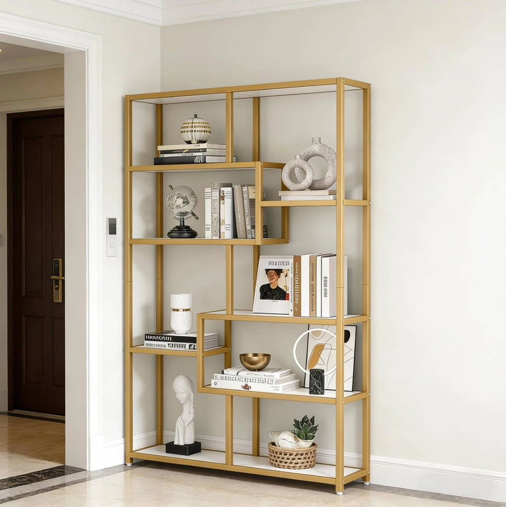 Libreria a 8 ripiani in metallo dorato e bianco 180x100x20 cm
