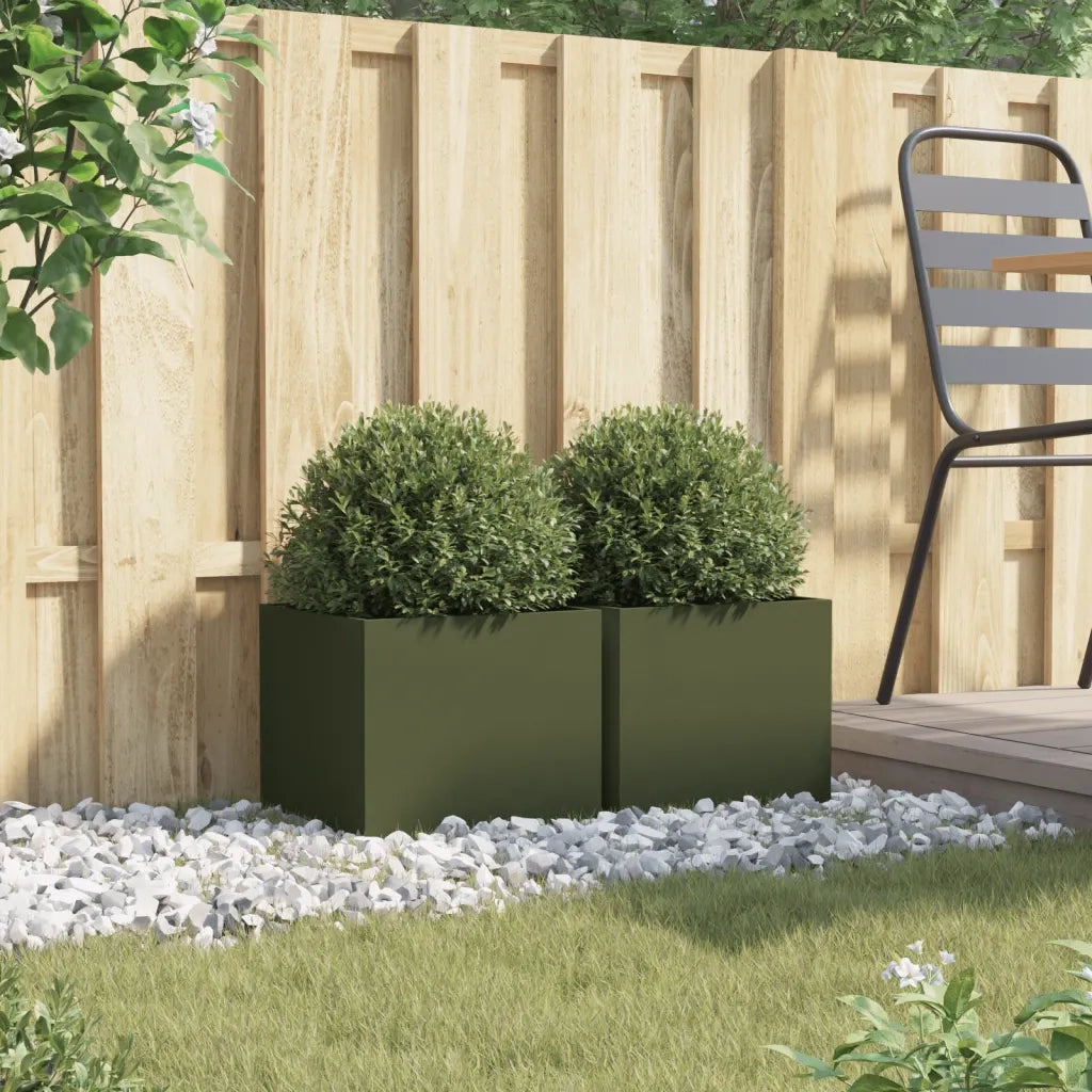 2 pz Fioriere | Cassetta per fiori | Vaso da Giardino Verde Oliva 32x30x29 cm in Acciaio