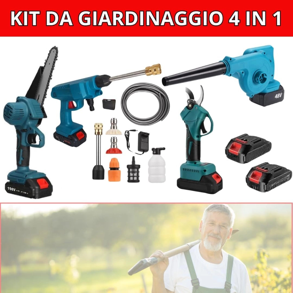 Forbice Potatura a Batteria + Motosega 6 Pollici + Idropulitrice + Soffiatore con 2 Batterie 48V - Kit 4 in 1 Completo ed Efficiente per il Giardinaggio