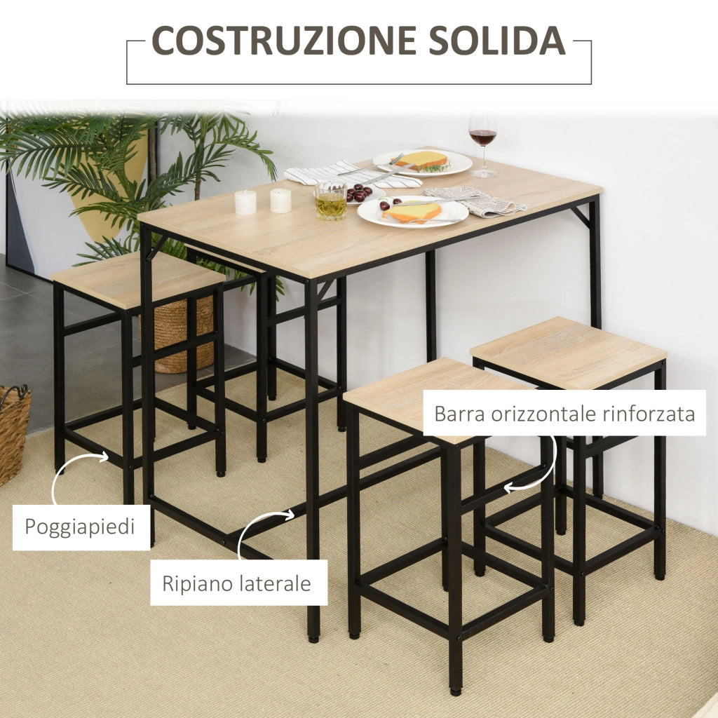 Tavolo alto con sgabelli ¨C zephmum ¨C set 4 persone in metallo e legno rovere chiaro