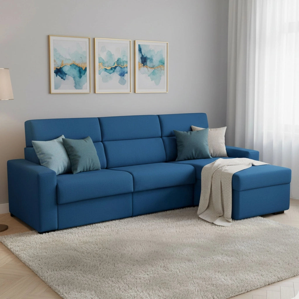 Celleno, Divano Letto con Penisola Sfoderabile Made in Italy, 280x160 cm blu