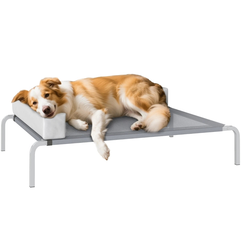 Cuccia da esterno, cuccia rialzata per cani di taglia media, con cuscino a L, 110x75x30 cm, grigio chiaro.