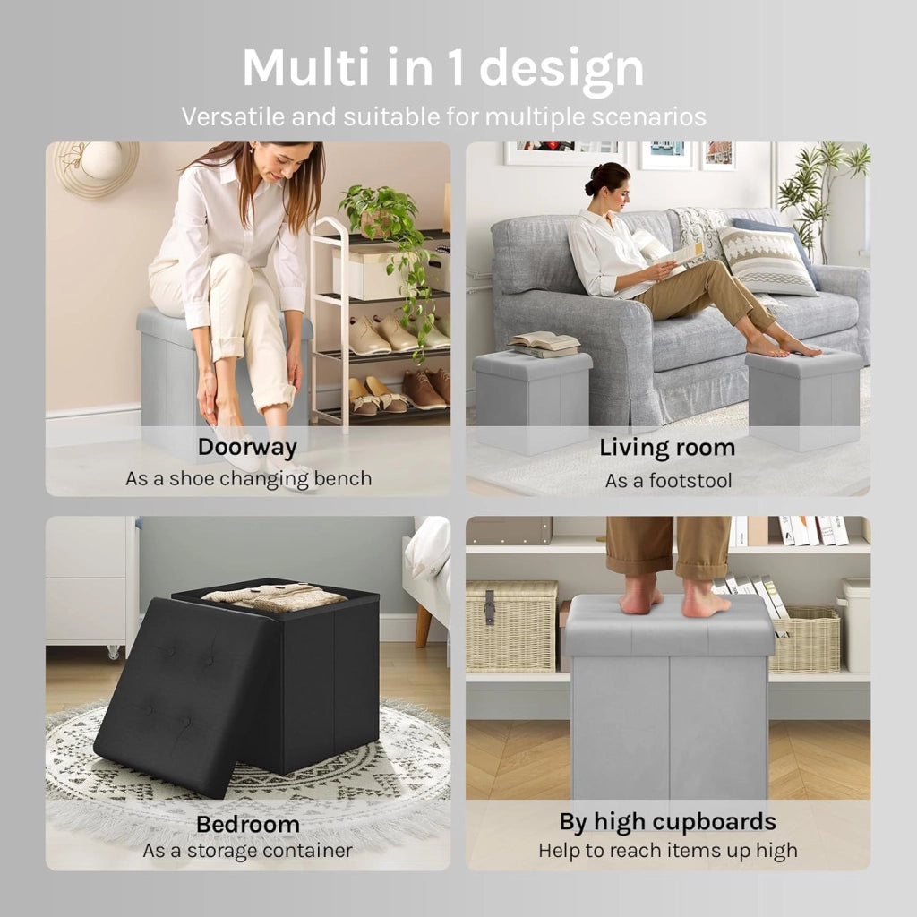 Set di 2 Pouf Pieghevole, Scatola Portaoggetti con Seduta in Velluto, Pouf Contenitore per Soggiorno Camera da Letto Ingresso, Sgabello Ripiegabile,Grigio Chairo