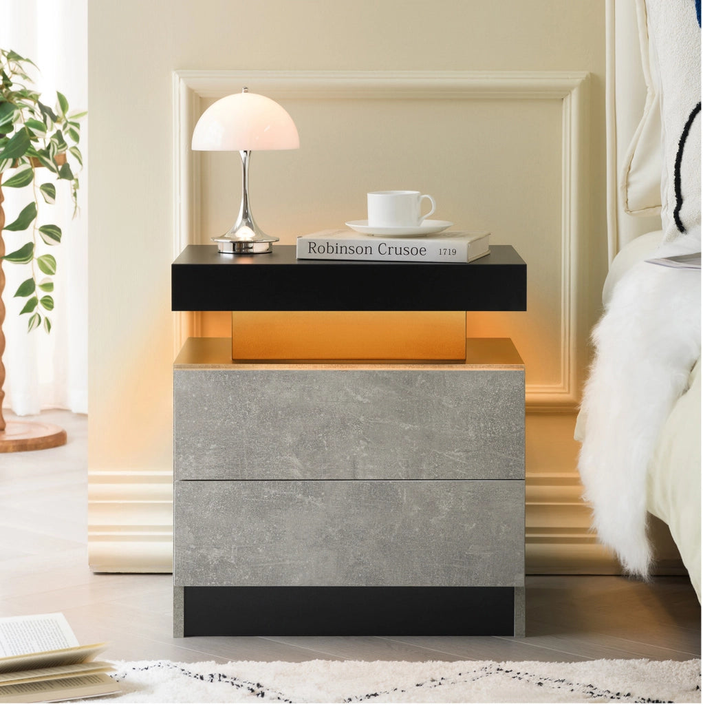 Comodino moderno grigio con luci LED regolabili e 2 cassetti