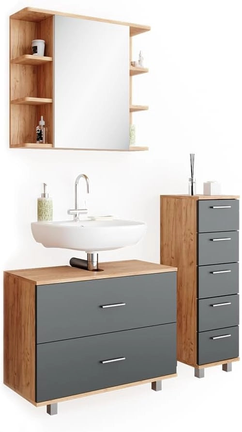 Set mobili bagno Ilias, Antracite/quercia dorata, 80 cm, composto da mobile sottolavabo, specchiera e mobile medio