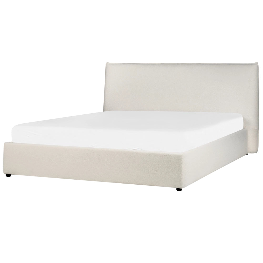 Letto con rivestimento in bouclé bianco sporco UE King Size 160x200cm Grande testata classica contenitore Doghe in legno