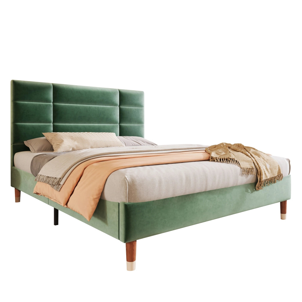 Letto Matrimoniale 140×200 cm; Letto Imbottito in Velluto con Testiera Trapuntata e Spazio Sottoletto; senza Materasso; Verde