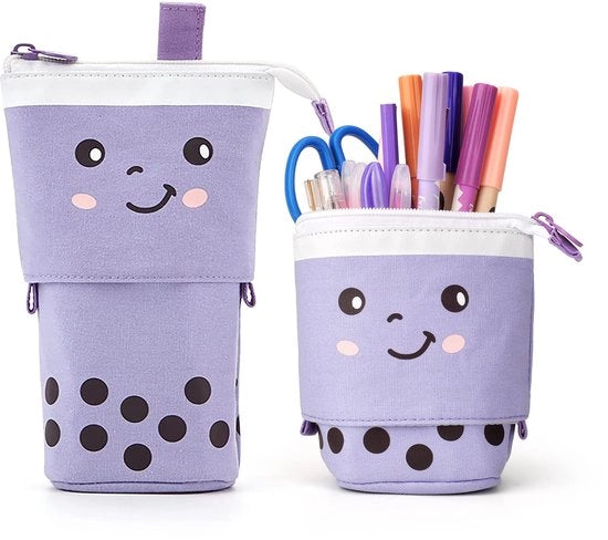 Etui staande, intrekbare, per telefoni mobili, in canvas, con contenitore per penne, per scuola e università, in blu e punti.