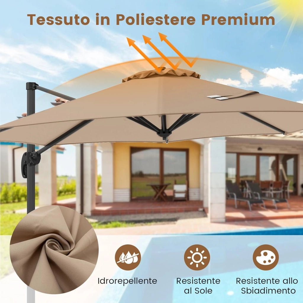 Ombrellone a Cantilever da Giardino 294 cm, Rotazione 360° e 5 Angoli Regolabili, 8 Stecche Base a Croce, Impermeabile, per Cortile Piscina Esterno (Beige)