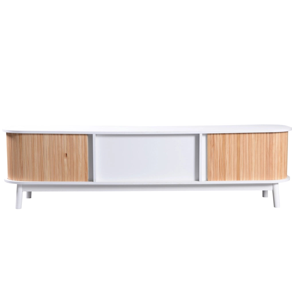 Mobile TV moderno 170 cm bianco effetto legno con ante e cassetti in rattan