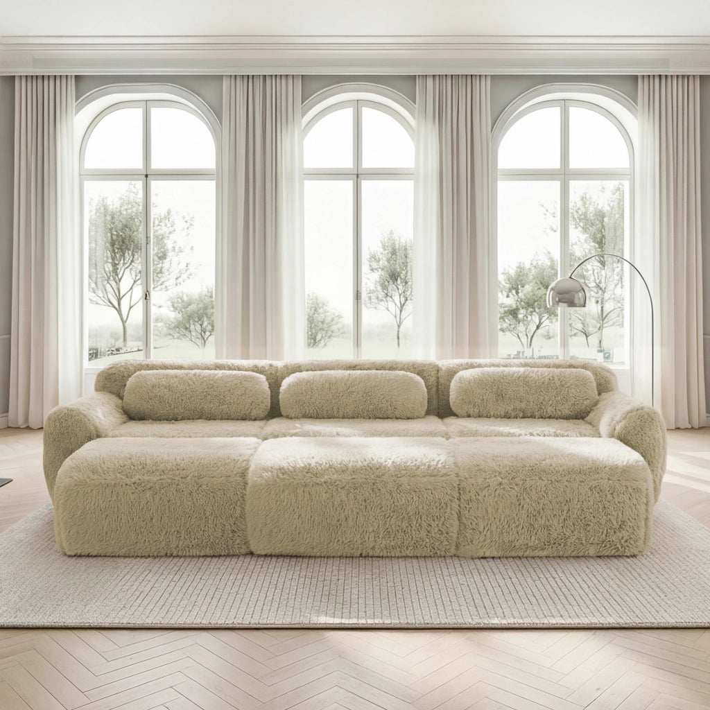 OKWISH Divano Modulare 3 Posti, Design Senza Struttura con Pouf Collegabile e Base Antiscivolo, Peluche, Cachi Chiaro