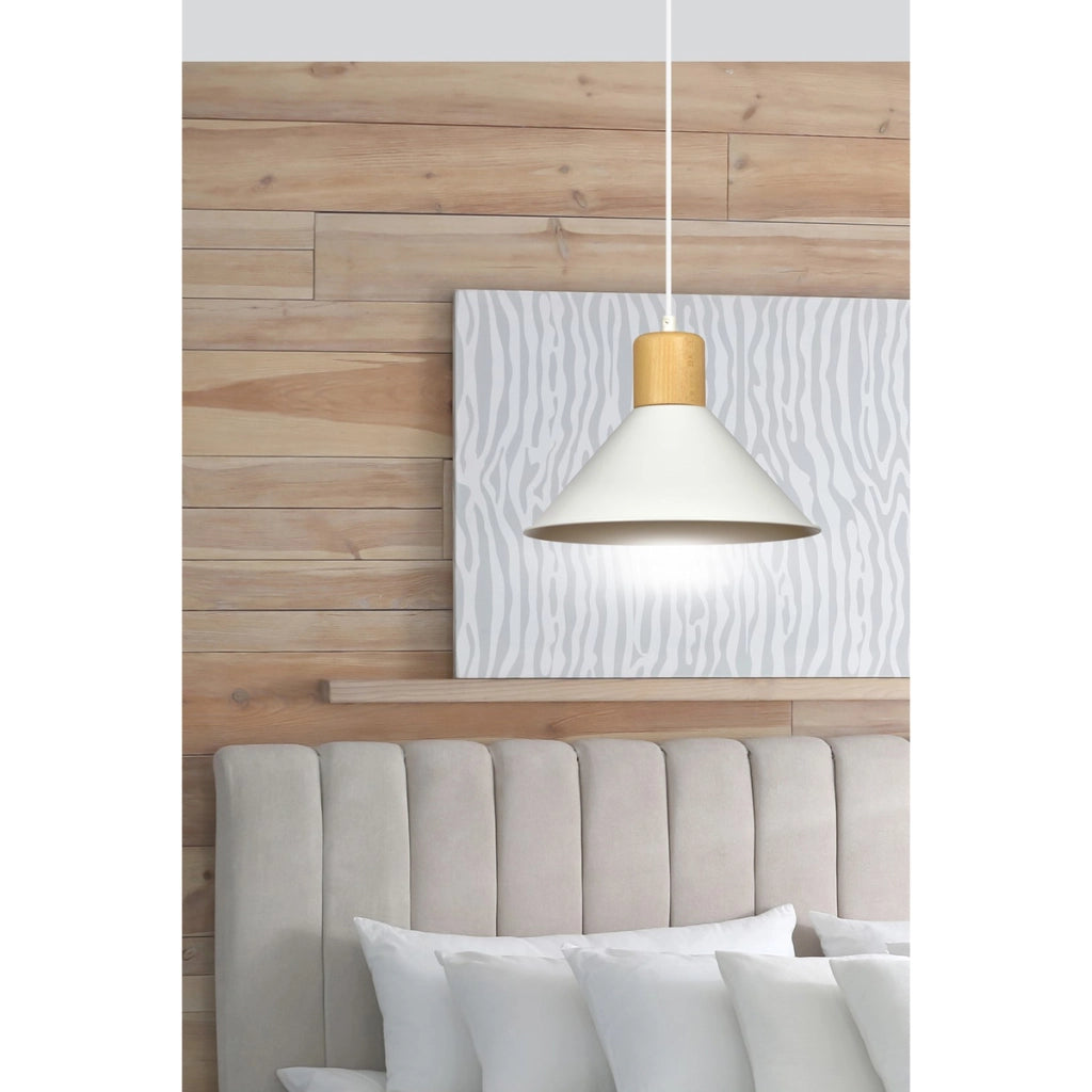 Lampada a sospensione Rowen in acciaio bianco e legno