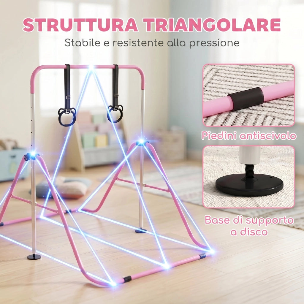 Sbarra Ginnastica Artistica per Bambini ad Altezza Regolabile con 2 Anelli, in Acciaio, 148x105x88-128 cm, Rosa