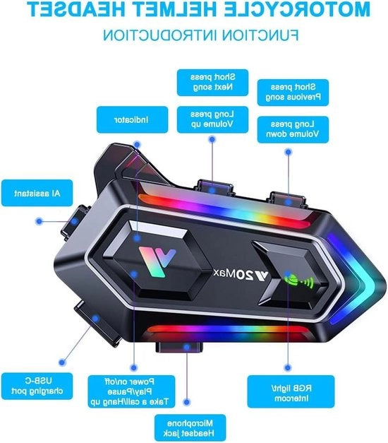 Paralampi per Motocicletta - Sistema di Comunicazione Intercom Bluetooth - Altoparlante Hi-Fi/IPX6 - 1000mAh 300m Condivisione Musica con GPS e Microfono Soft RGB