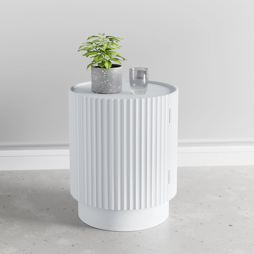 Tavolino Rotondo Rill con Anta e Scomparti Interni 49 x Ø40 cm - Bianco [en.casa]