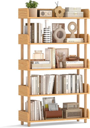 Libreria Verticale a 5 Livelli, Scaffale per Libri Aperto con Gambe in Legno di Pino,Protezione dei Bordi e Kit Antiribaltamento, Libreria Scaffale da Terra per Soggiorno e Camera da Letto