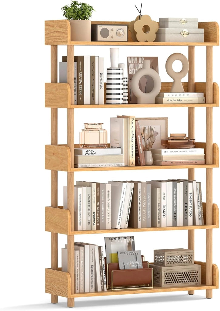 Libreria Verticale a 5 Livelli, Scaffale per Libri Aperto con Gambe in Legno di Pino,Protezione dei Bordi e Kit Antiribaltamento, Libreria Scaffale da Terra per Soggiorno e Camera da Letto
