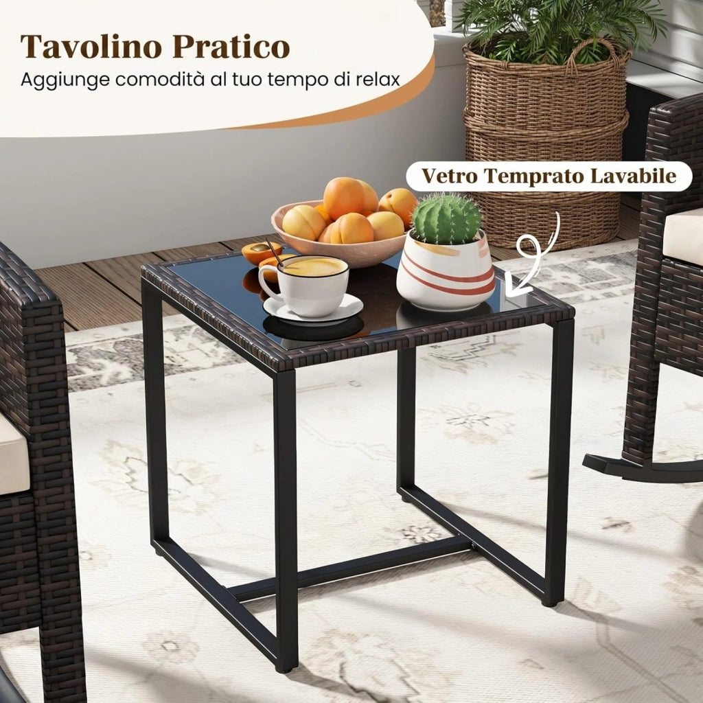 Set Salotto da Giardino in Rattan, Set Mobili da Eterno con 2 Poltrone a Dondolo, Tavolino in Vetro Temperato e Comodi Cuscini con Fodera Lavabile per Cortile e Balcone (Beige)