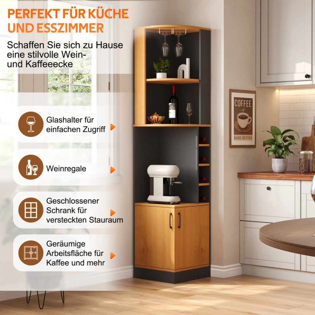 Mobile angolare portavino nero in MDF con portabicchieri 40x40x182 cm