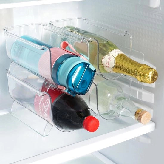 Organizzatore per frigorifero / Scatola di stoccaggio a pile Flessi in plastica contenitore - Contenitore di stoccaggio per bottiglie d'acqua autonome per la dispensa frigorifero cantina - Set di contenitori trasparenti tiene 4 bottiglie di vino bibite