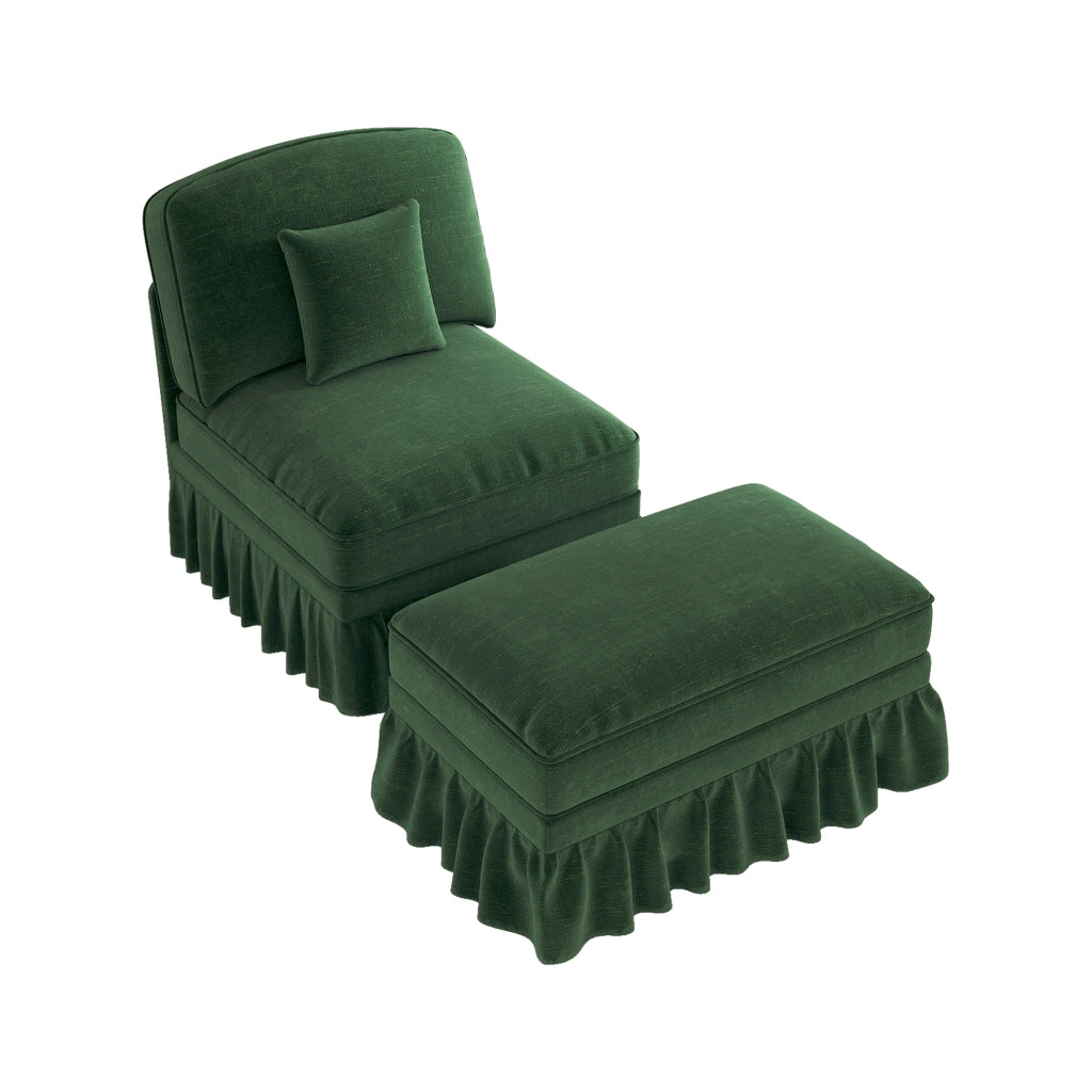 Poltrona con poggiapiedi in chenille verde con gonna rimovibile; gambe a spillo e cuscino mobile