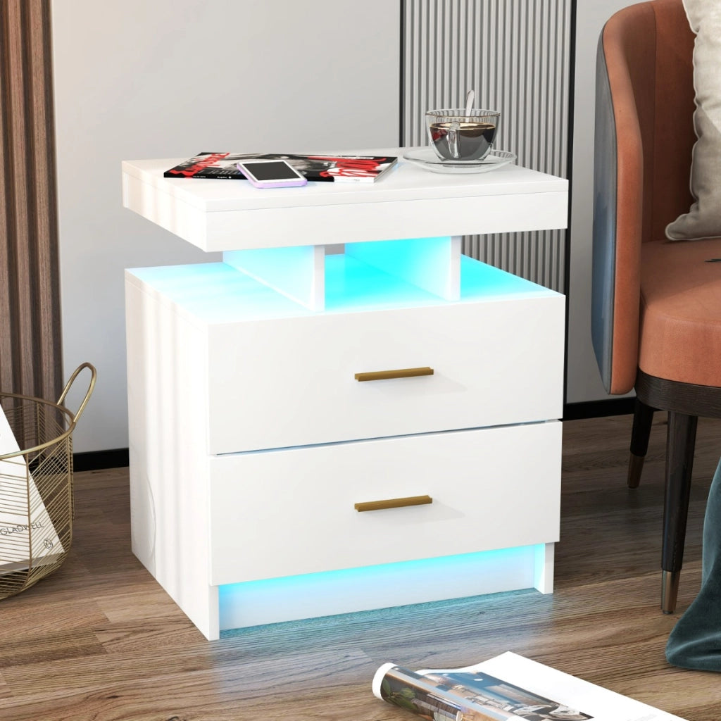 Comodino a LED con luce regolabile e telecomando 2 cassetti, Tavolino moderno per camera da letto soggiorno Bianco-Comodini