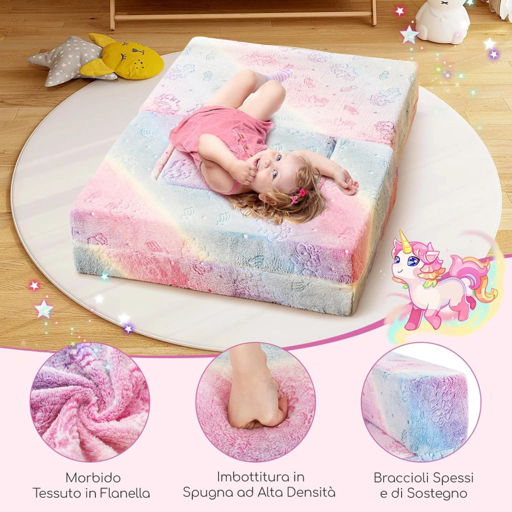 Divano Pieghevole per Bambini 5 in 1 Brilla al Buio, Poltrona Modulare con Cuscino, Fodera Lavabile in Lavatrice e Riempimento in Schiuma (Unicorno Arcobaleno)