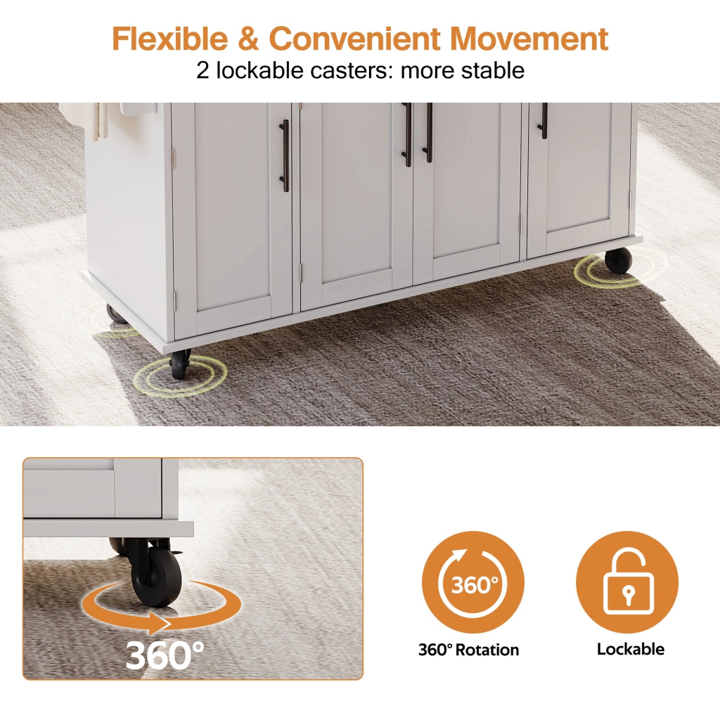 Carrello da Cucina con 4 Ante; 2 Cassetti; Ripiani Regolabili; Portasciugamani e Portaspezie; in MDF; Bianco e Naturale; 136 x 70 x 92 cm